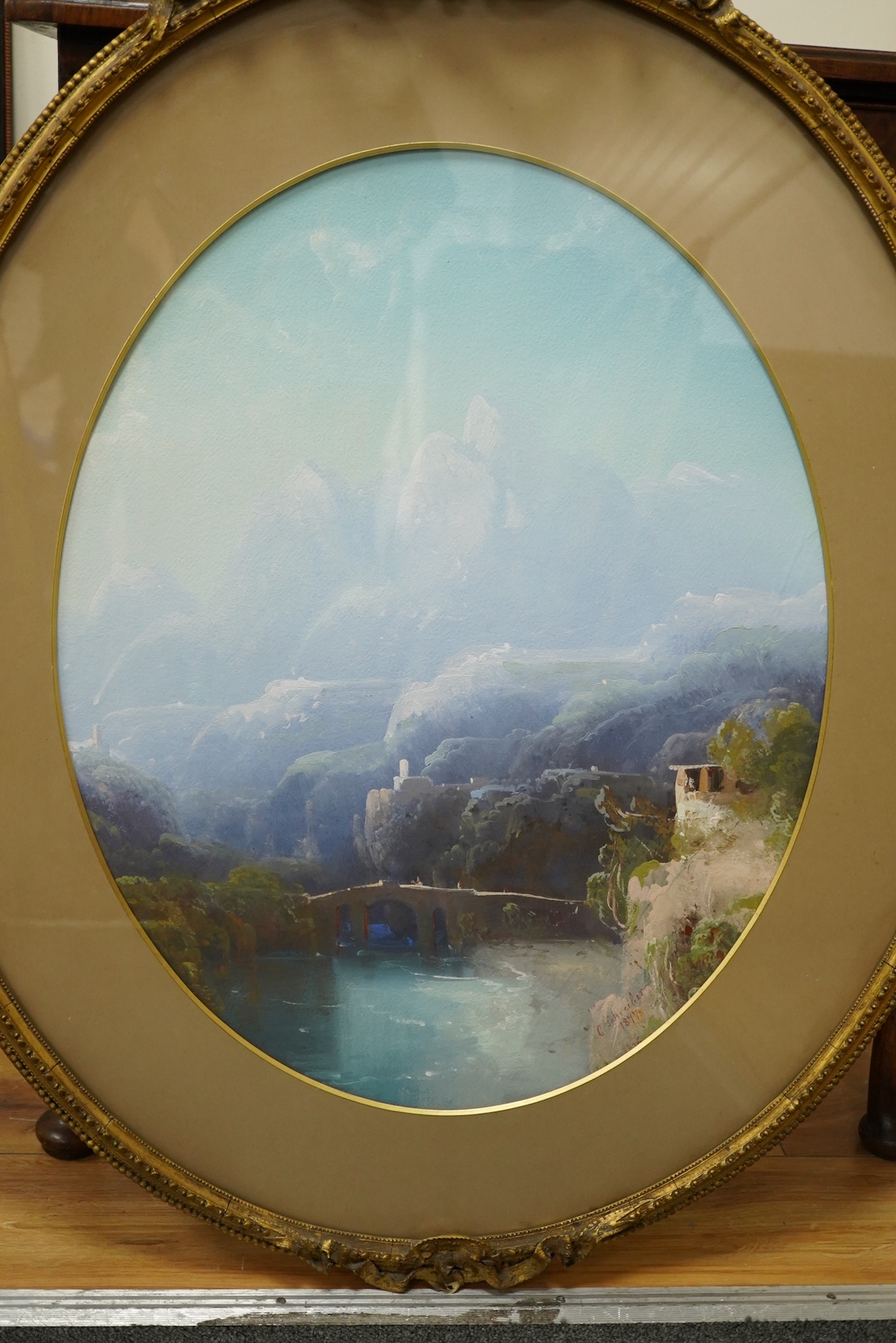C. Schreiber, pair of oval gouaches, Continental mountainous landscapes, signed, gilt framed. Condition - fair